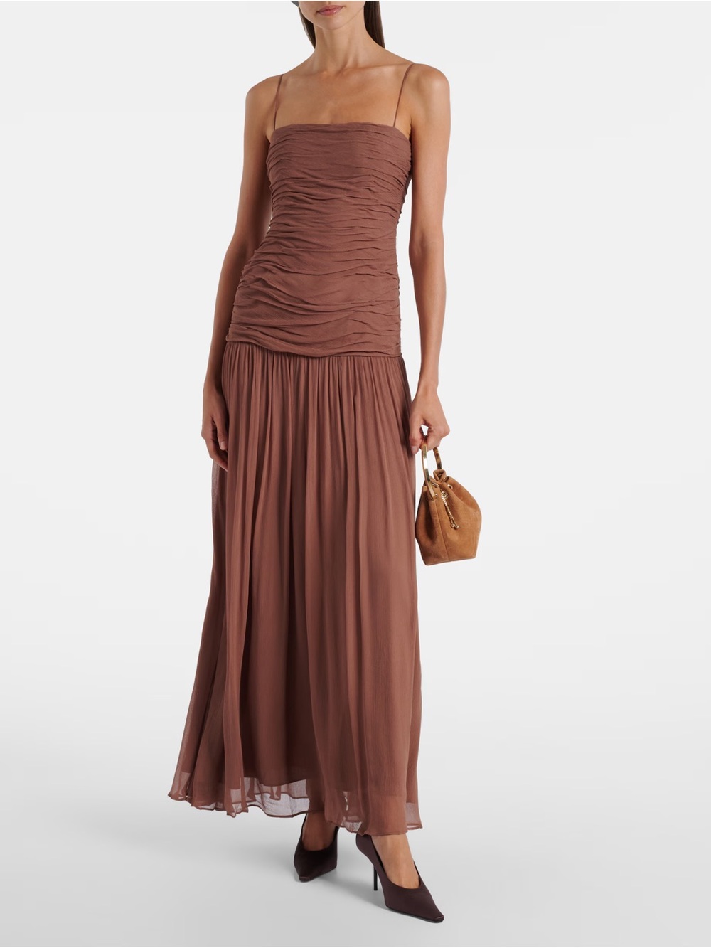 STAUD Dalton Brown Gathered Ruched Maxi Dress